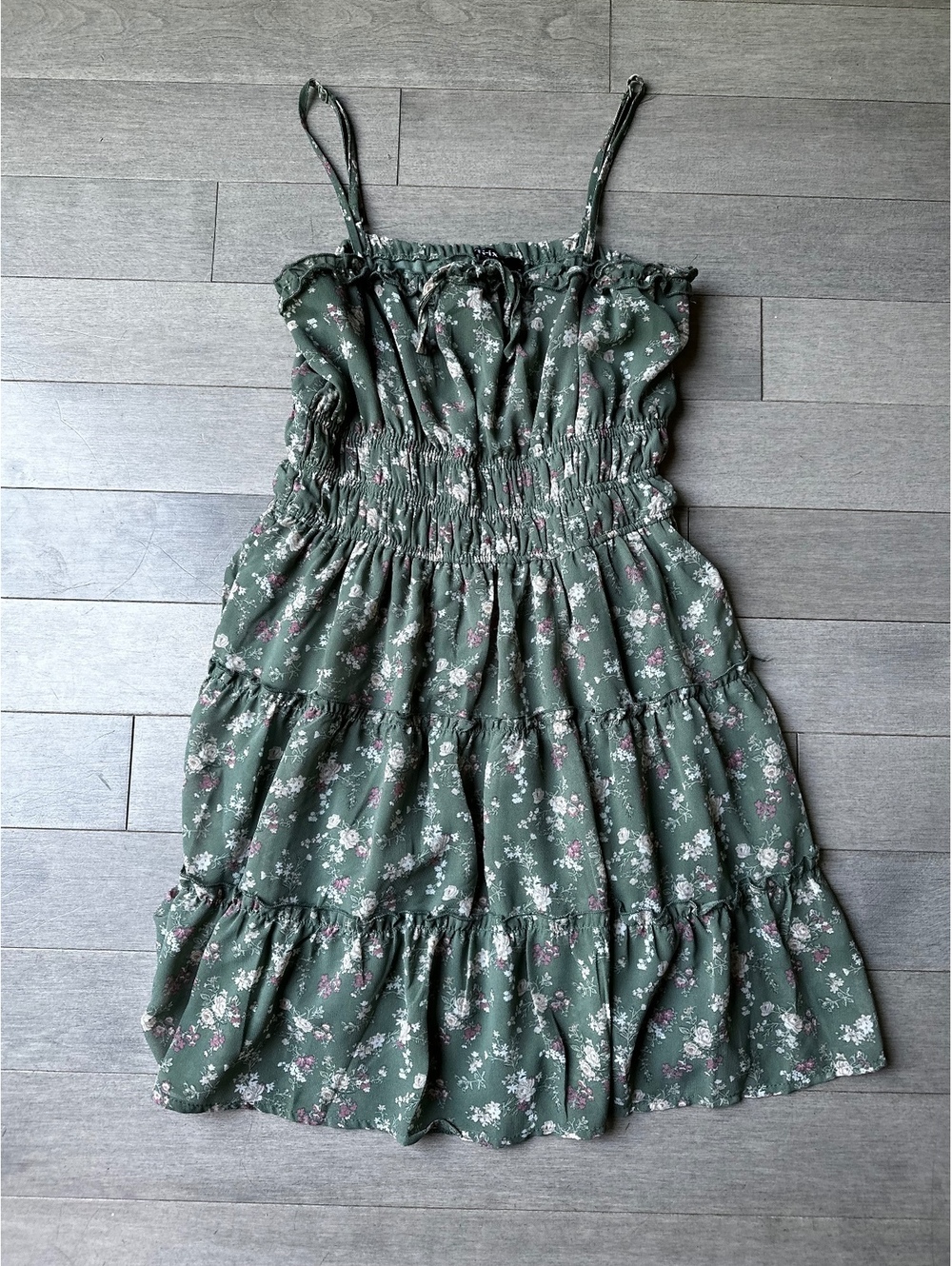 Trixxi Green Floral Tiered Sundress with Adjustable Straps, Size Small womens